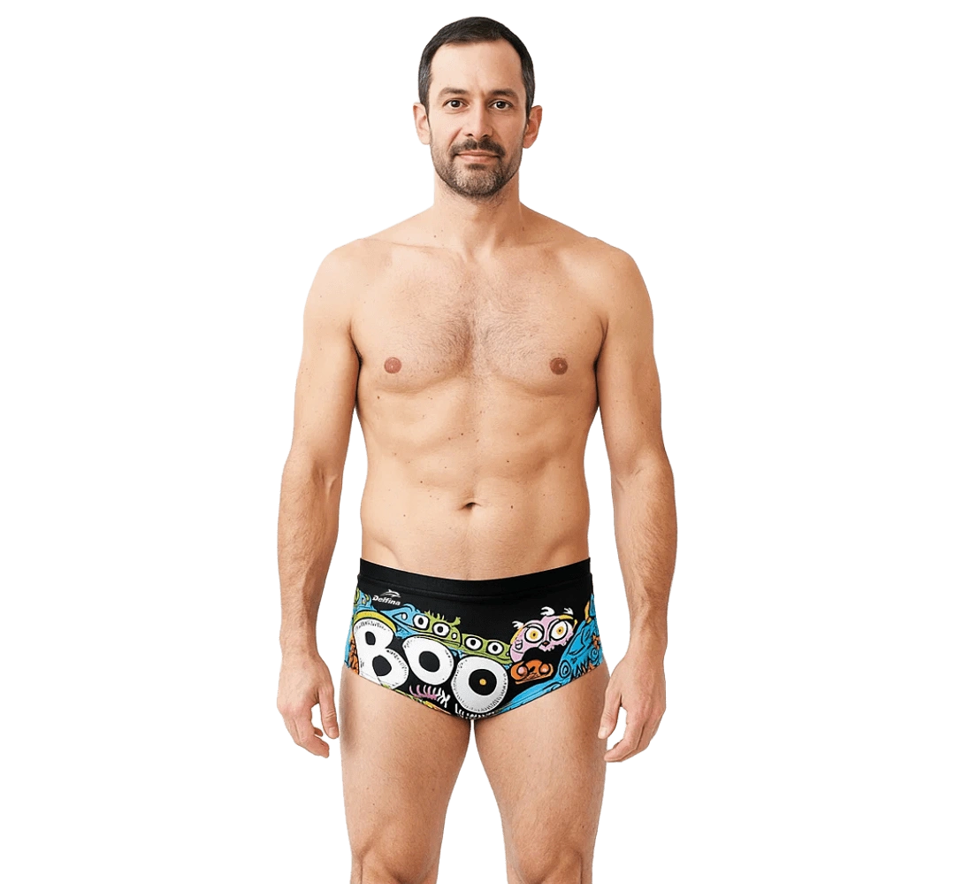 HALLOWEEN BOO BLACK MEN'S SQUARED SWIM BRIEF