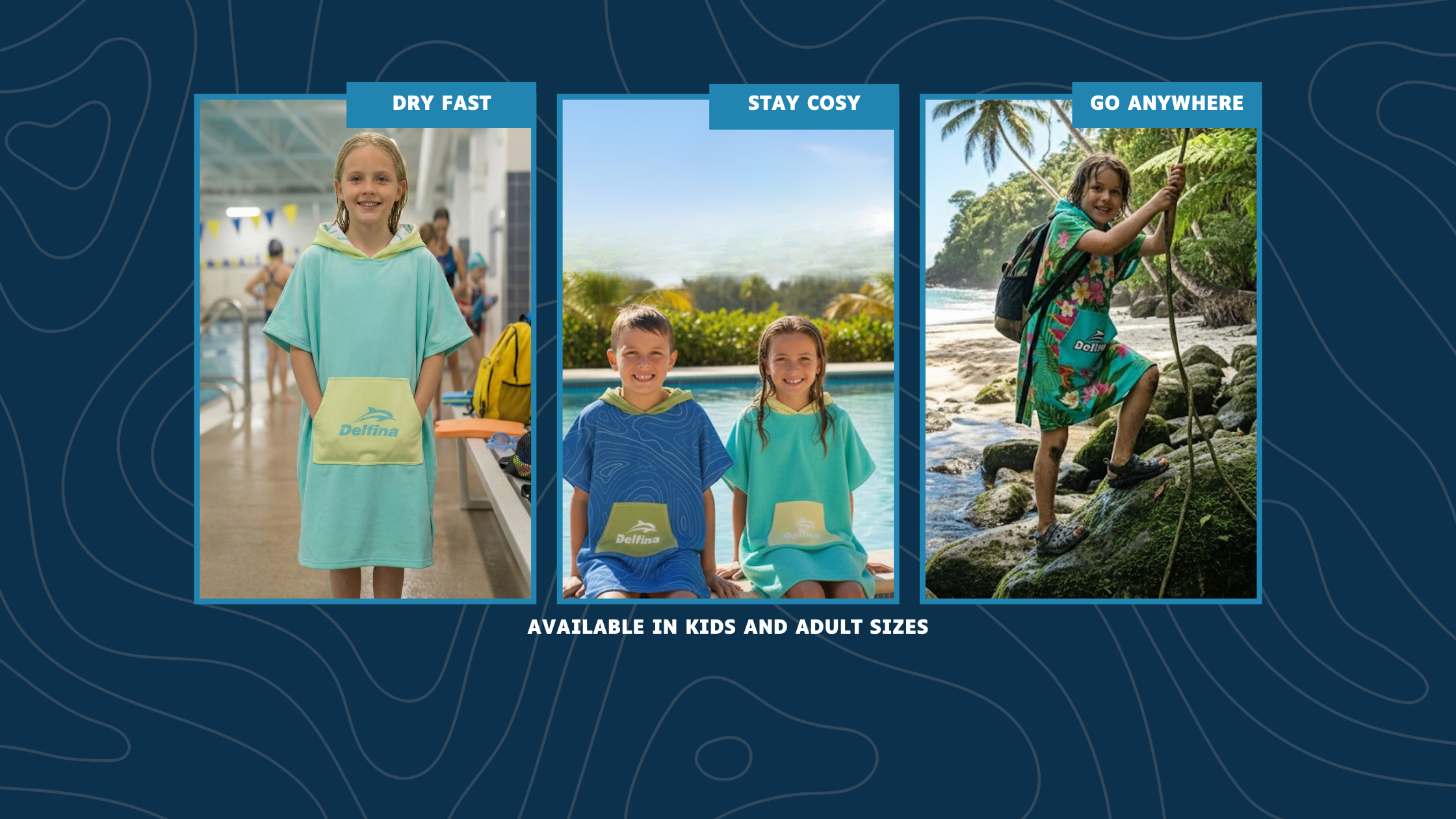 Promotional image with three scenarios showing people wearing a product, with text 'Dry Fast', 'Stay Cosy', and 'Go Anywhere'.