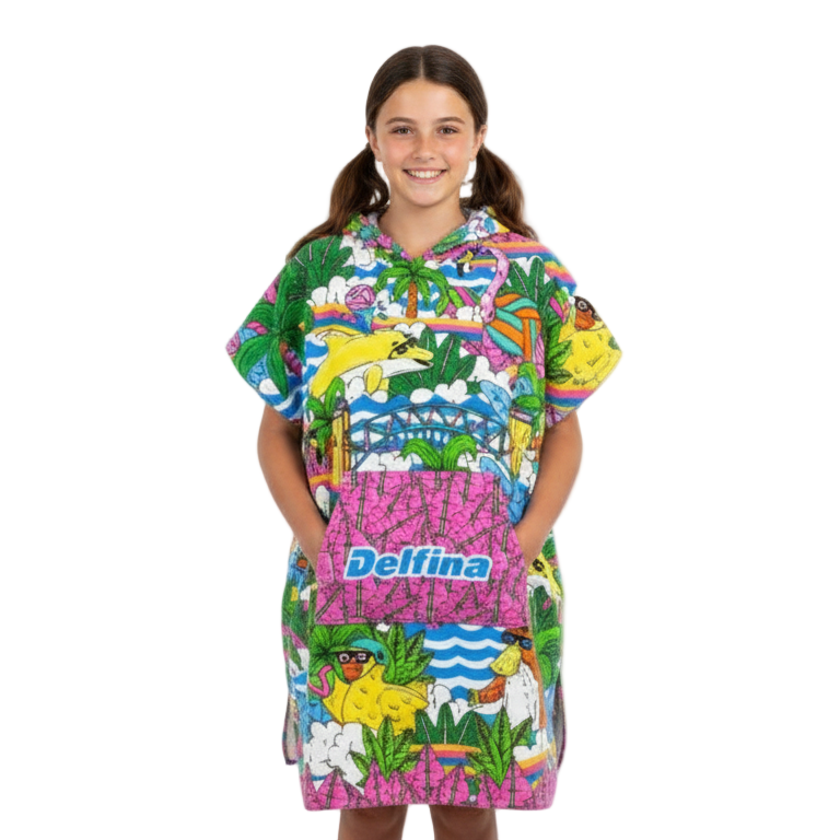 Girl wearing a colorful patterned dress with 'Delta' branding on a white background