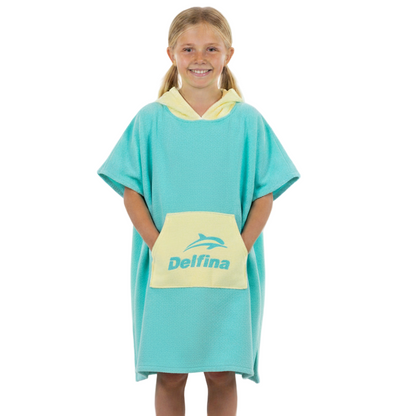 kid wearing hooded poncho towel for swimming, beach and surfing activities. bright yellow and teal color